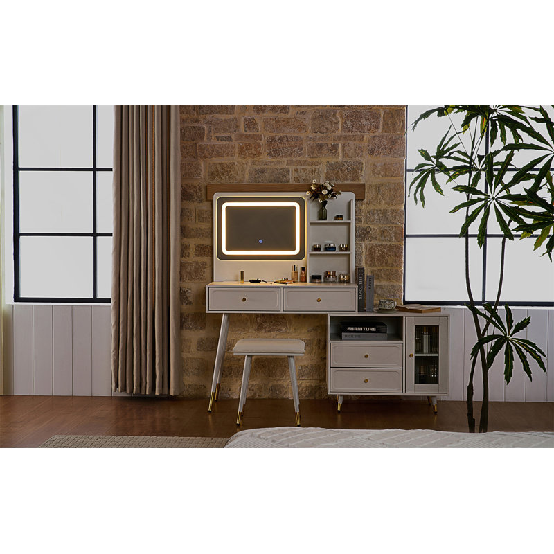 Modern Makeup Vanity Desk With Mirror, Lights, And Retractable Table, Compact Set With Drawers, Cabinet, And Power Outlet For Bedroom