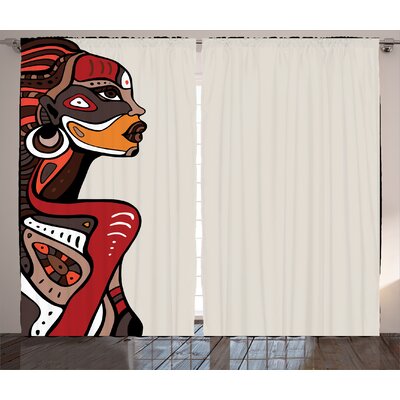 Afro Profile of African Beauty Totem Ethno Fashion Girl with Mask Tattoos Illustration Graphic Print & Text Semi-Sheer Rod Pocket Curtain Panels -  Bungalow Rose, BBMT1679 39457498