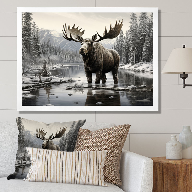 Orignal brun et blanc Winter Majesty - art mural orignal pour le salon, Cadre photo unique, H 16 po x l 32 po, Blanc