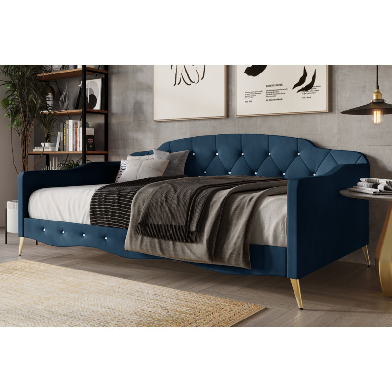 Lit de jour simple en velours Arwilla, Velours bleu marine