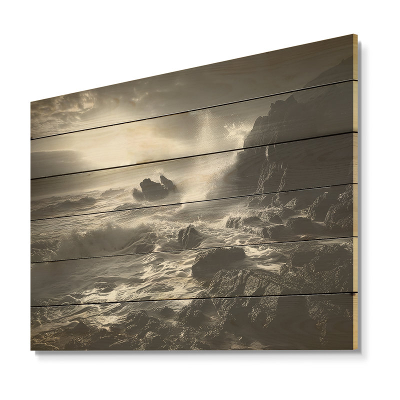 Paysage de plage rocheuse - art en bois océanique sur bois de pin naturel, H 10 po x l 20 po