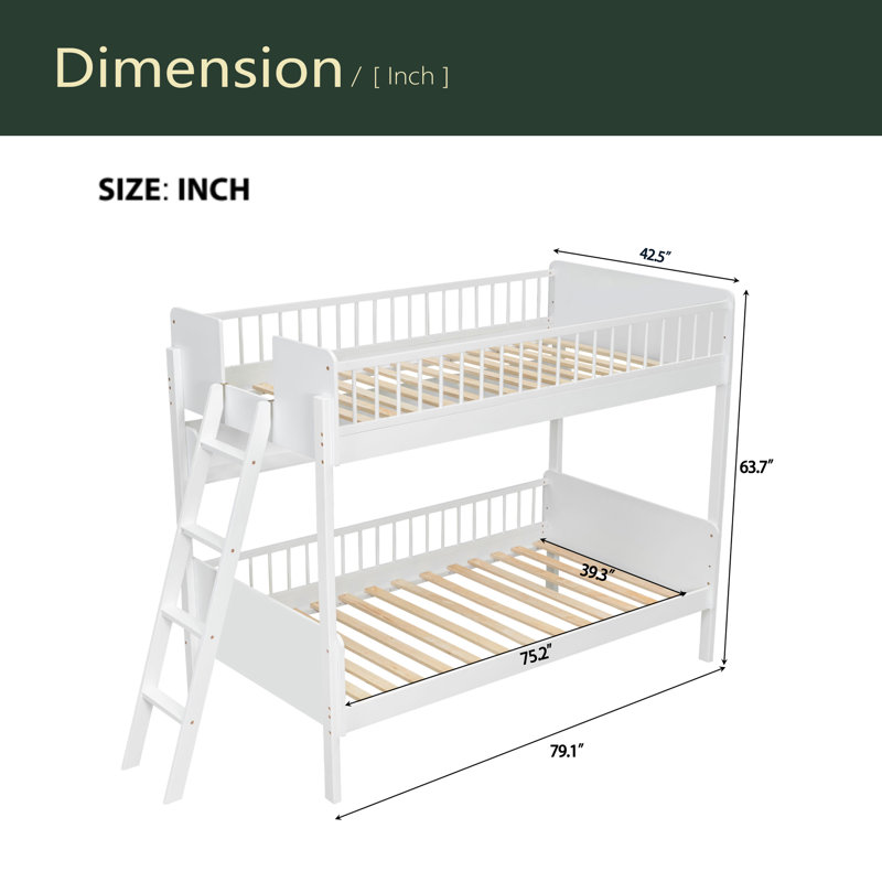 Lit superposé simple en bois avec 3 tablettes de rangement, l'échelle peut être changée à gauche ou à droite, Blanc
