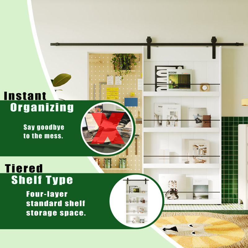 Sliding Barn Door With Four Levels Shelfs With Hardware Kit Included, 36" x 84", 1