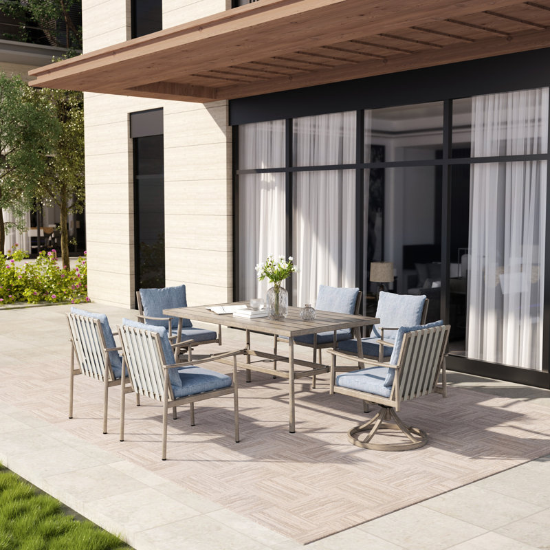 Mariene 7-Piece Rectangular Outdoor Dining Set with Cushions, Blue, Beige