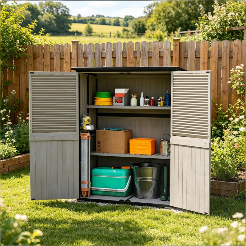 Outdoor Wooden Shed with Shelf, Gray
