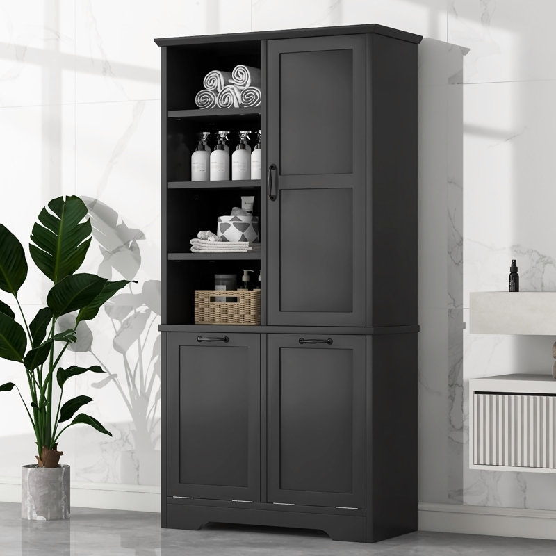 Bathroom Storage Cabinet With Doors And Drawers, Tilt-Out Laundry Hamper, Multiple Storage Space, Freestanding Style, Open Shelve, Adjustable Shelf