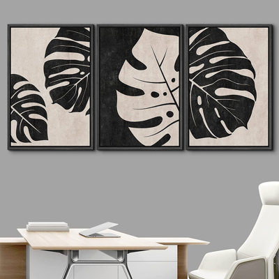 Tropical Palm " IDEA4WALL Framed Canvas Print Wall Art Set Tan Black Tropical Jungle Safari Monstera Leaves Abstract Shapes Illustrations Modern Art Nordic For Living Room, Bedroom, Office " 3 - Pieces