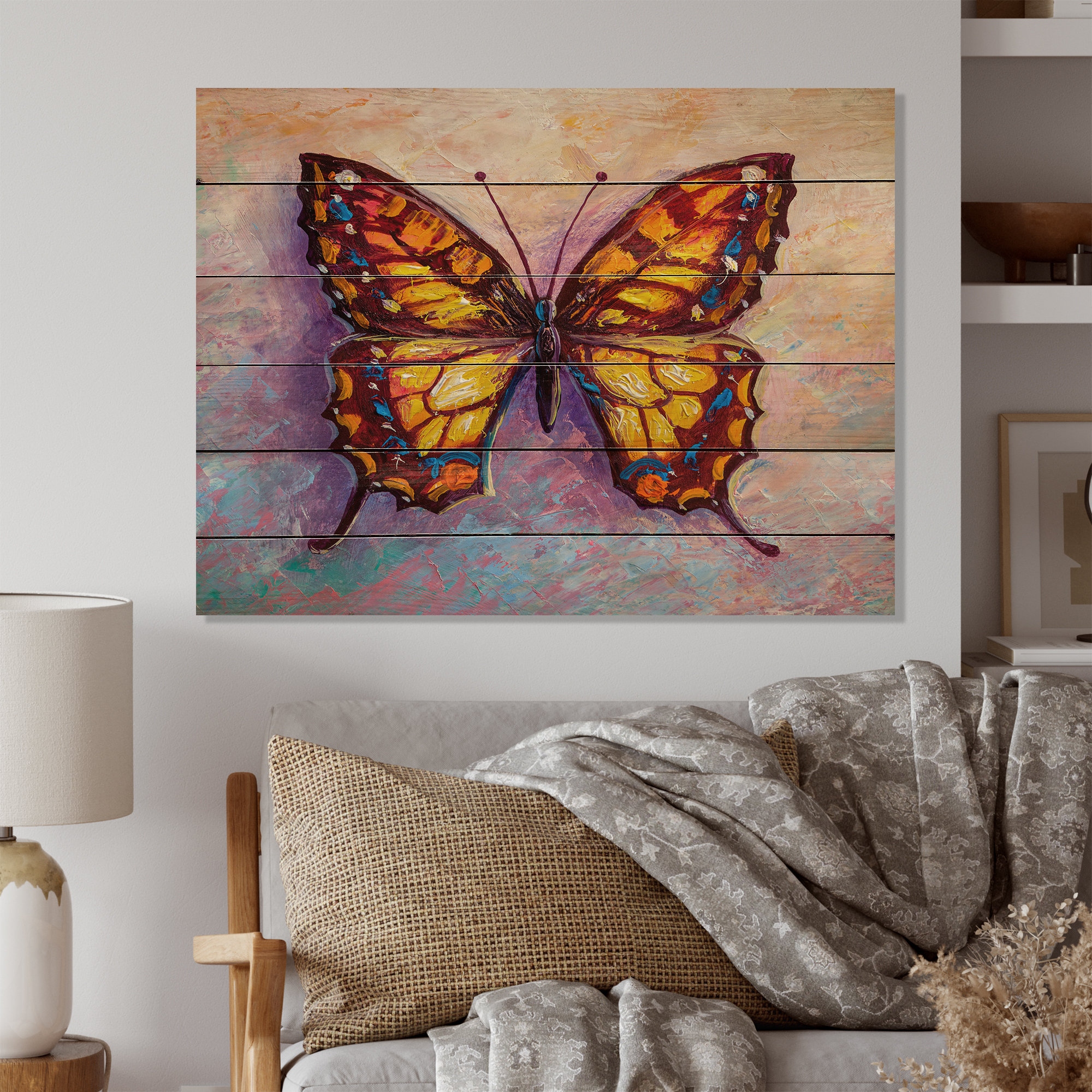 Designart 'Abstract Orange Butterfly Painting II' Traditional Wood Wall Art - Natural Pine Wood - 36 in. Wide x 24 in. High, image size:2000x2000