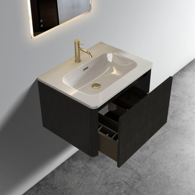 Meuble-lavabo moderne: 24 po avec chêne rayé noir et lavabo en céramique blanche - design chic, meuble-lavabo flottant en chêne brossé