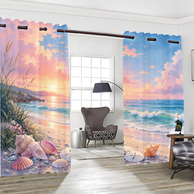 2PCS Grommet Top Tropical Beach Sunset Printed Polyester Curtains with Seashell and Sailboat Pattern, Thermal Insulated Heat Blocking Noise Reducing Blackout Room Darkening Curtains with Privacy Protection, Indoor Window Panels for Bedroom