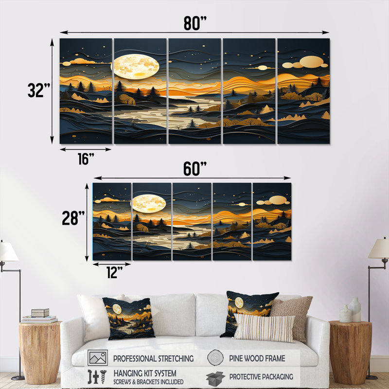 «Yellow and Black Mountains River Serenity III - Mountains River», ensemble de 5 pièces d'art mural, H 32 po x l 80 po