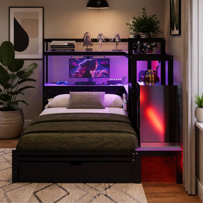 Lit de jour simple pour lit double avec bureau intégré et lumière DEL, base de lit en bois moderne avec 3 tiroirs de rangement et station de charge intégrée, bibliothèque multifonctionnelle, noir et mauve