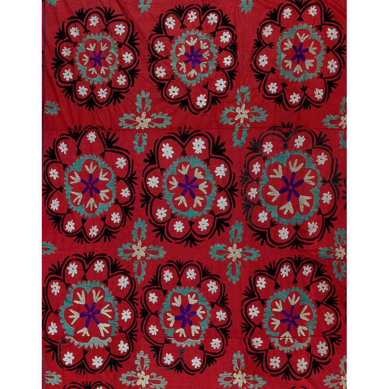 Nappe rétro 87 x 96 po. Housse de lit en soie brodée à la main. Décoration murale traditionnelle