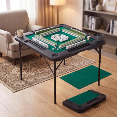 34" Folding Mahjong Table with 4 Cup Holders, HDPE Tabletop & Felt Mat, Chip Trays, Sturdy Metal Frame, Portable Game Table for Poker & Domino