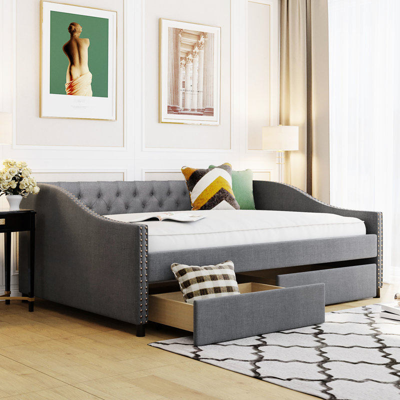 Upholstered Daybed With Two Drawers, Gray, Support Base Gray Upholstery, Structure