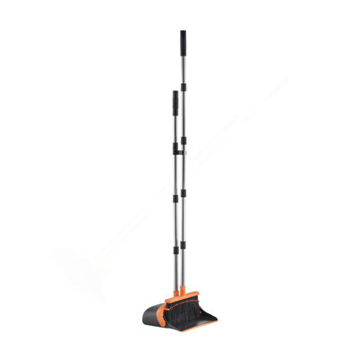 Ensemble balai et pelle à poussière, ensemble de pelle et balai robustes avec dents autonettoyantes, bac à poussière debout en métal avec poignée longue, idéal pour la maison, le restaurant, le bureau, le dortoir, noir et orange