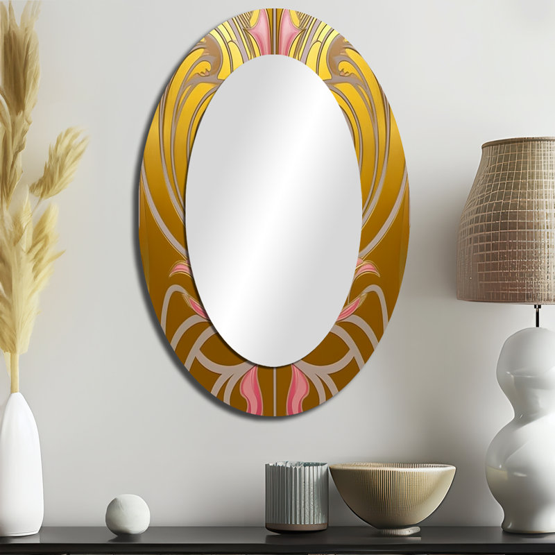 Art Nouveau Geometry In Gold And Pink - Large Oval Wall Mirror On Metal, 36" x 24"