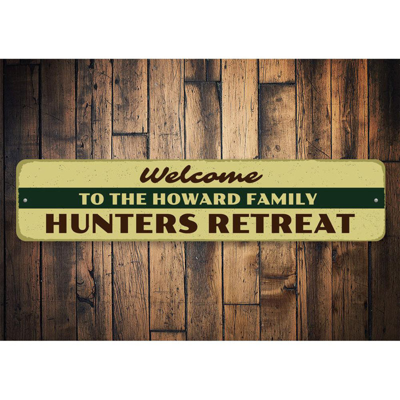 Plaque en aluminium Welcome Hunters Retreat, H 4 po x l 18 po x P 0,04 po