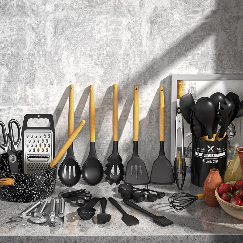 34 PCS Silicone Cooking Utensil Set, Black/ Light Yellow