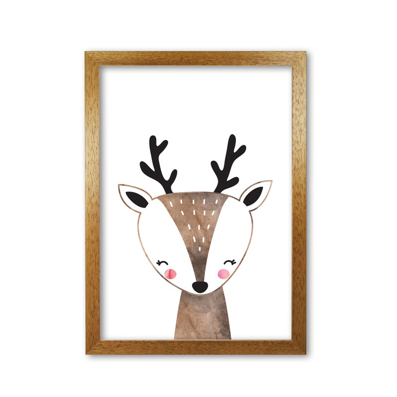 Scandi Brown Deer - Painting, 85 cm H x 60 cm W x 5 cm D, Honey Oak Frame