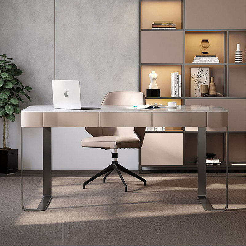 Bureau rectangulaire en pierre frittée avec tiroirs, Gris, H 29,53 po x l 62,99 po x P 23,62 po