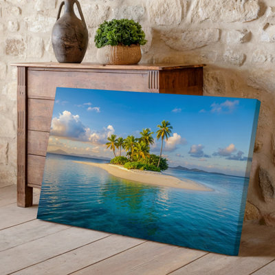 Toile, art serein d'une île tropicale avec une petite île luxuriante entourée d'eaux turquoise cristallines