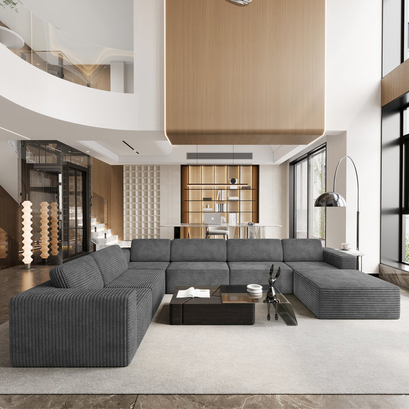 Modular Oversized 404Cm 6-Seater Left-Facing L-Shaped Corduroy Sofa, No Assembly Required   , Grey