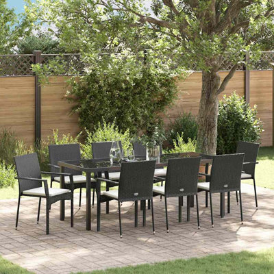  Ensemble de salle à manger de jardin avec coussin 9 pièces en rotin de polyester noir