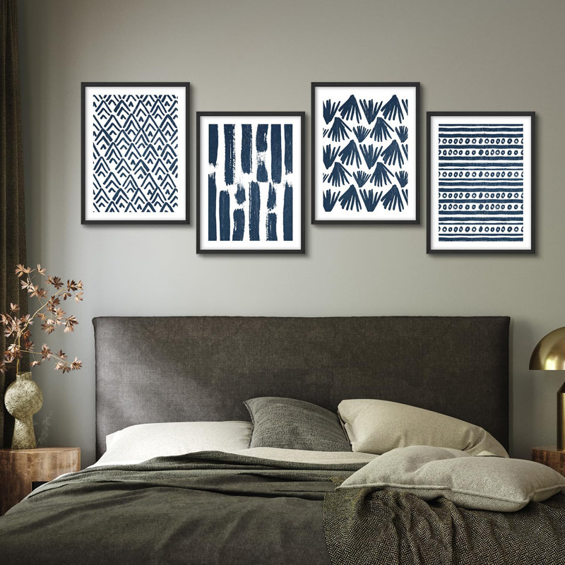 "Motif géométrique bleu, tons de bleu et blanc, œuvre d'art moderne minimaliste", 4 pièces, Noir, H 14 po x l 11 po
