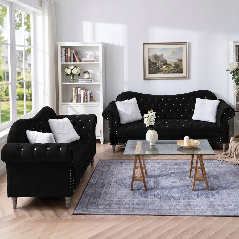 Velvet Loveseat and 3-Seater Sofa Set, Crystal Diamond Tufted Chesterfield, Black, Black