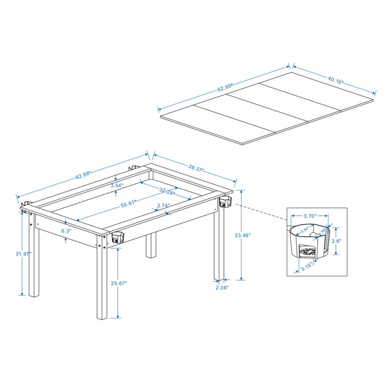 Table de jeu 63 po x 40 po avec pieds en bois massif