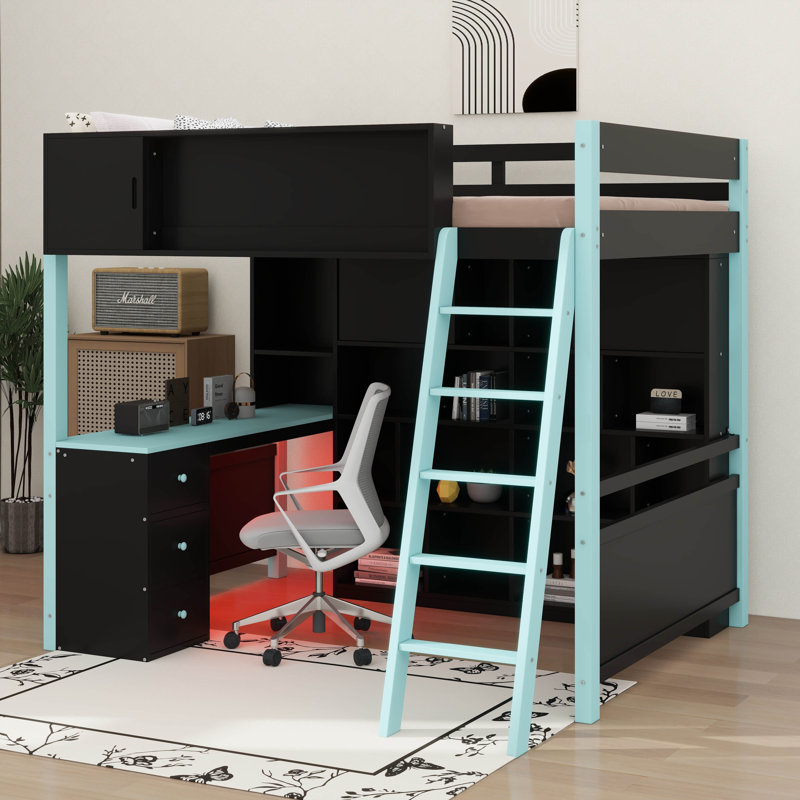 Lit mezzanine double en bois avec bureau, structure de lit mezzanine avec tiroirs de rangement, tablettes et lumières