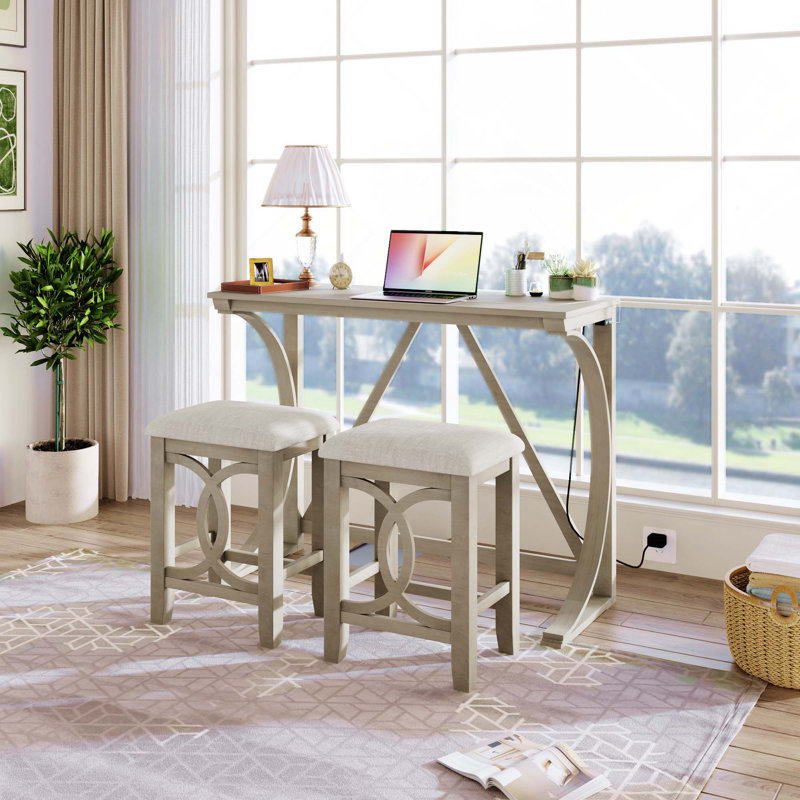 Farmhouse 3PCS Counter Height Dining Table Set With USB Port And 2 Upholstered Stools, Blanc, Beige