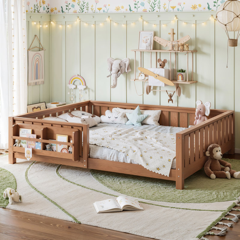 Queen Size Kids Floor Bed With Fence And Built-in Bookshelf,Queen Size Montessori Floor Bed With Slats And Safety Guardrail,Easy Assemble Montessori Beds for Kids,Natural Floor Beds
