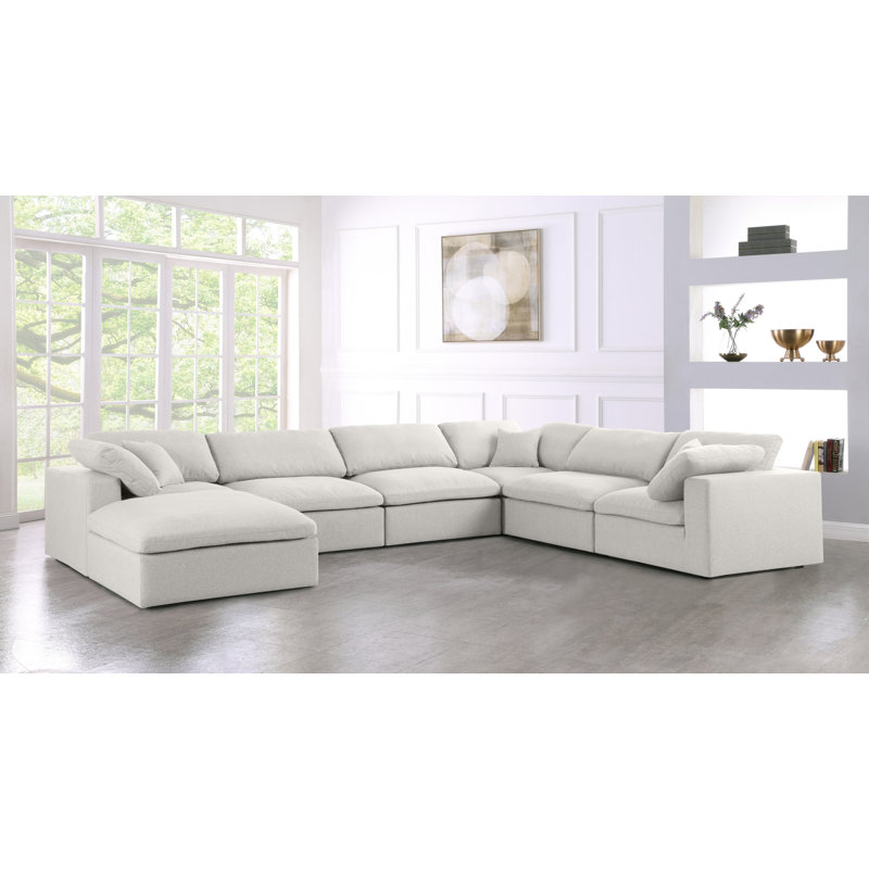 Burrows 158" Wide Linen Reversible Down Cushion Modular Sofa & Chaise with Ottoman, Cream Linen Textured Fabric