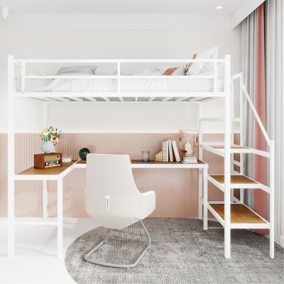 Lit mezzanine avec bureau en forme de L, grand espace de rangement et compartiments de rangement, structure de lit robuste avec escalier, garde-corps continu, peu encombrant, silencieux, sans ressorts éléphants requis