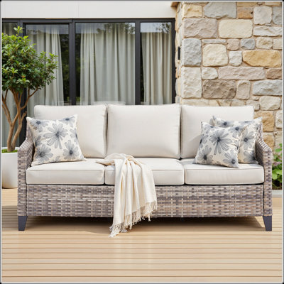 Canapé d'extérieur 73,2 pouces, canapé 3 places en rotin gris avec osier en PE durable et coussins confortables à haute densité