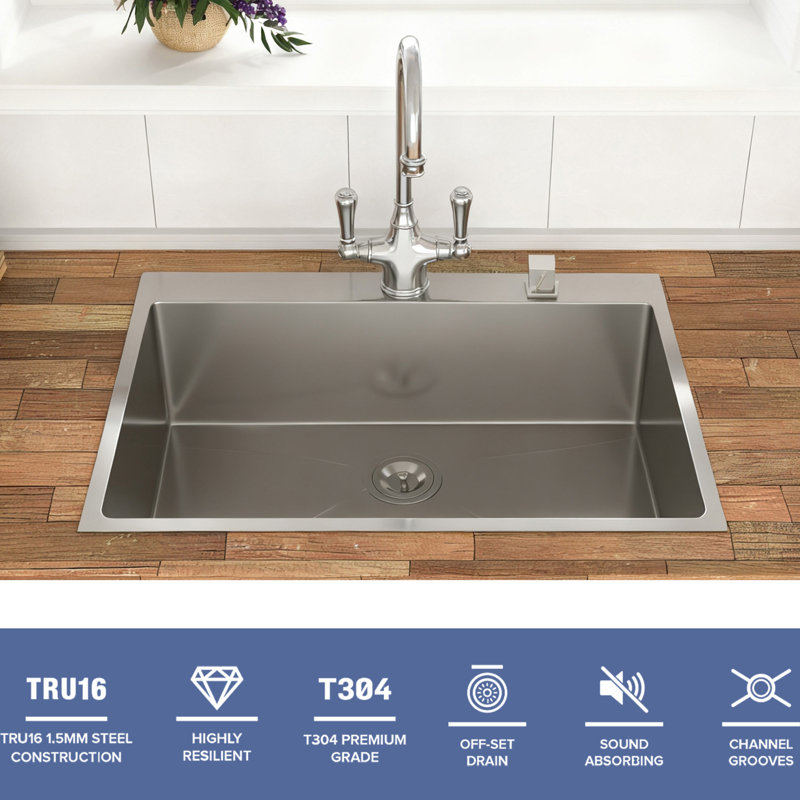30 X 22 X 9 Inch Kitchen Sink Drop In 16 Gauge Stainless Steel 30" Single Bowl Topmount Kitchen Sink Basin