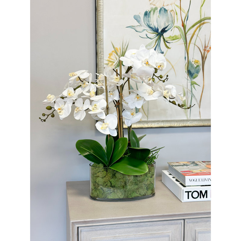 Orchids And Bamboo In A Clear Glass Oblong Vase