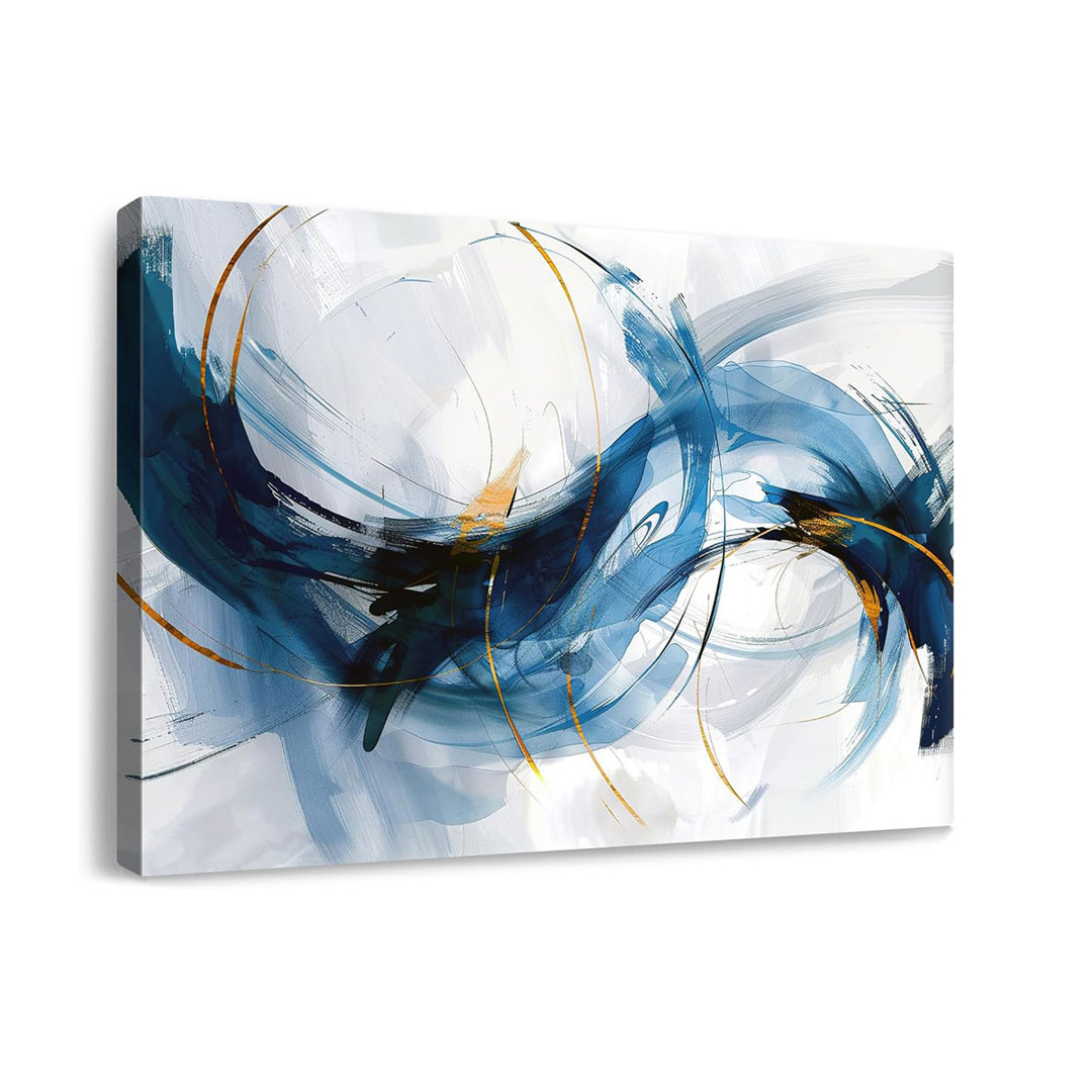 Modern Abstract Canvas Wall Art Vibrant Blue Gold Lines Doodled On White Background Paintings Stylish Framed Minimalism Artwork Prints For Living Room
