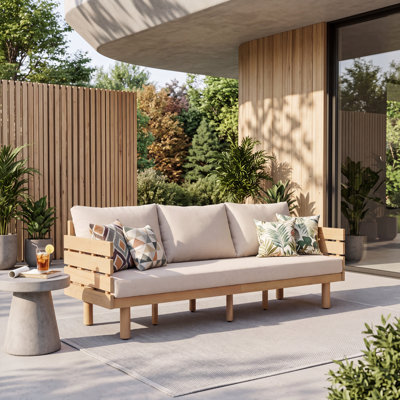 Callow 3-Seater Mid-Century Modern Outdoor Patio Sofa with Vietnam Acacia Wood Frame, Water-Repellent Removable Cushions for Backyard, Deck & Sunroom