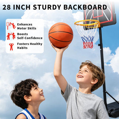 Panier de basketball extérieur toutes saisons pour jeunes – Hauteur réglable de 1,4 à 2,1 m, panneau incassable, base à roulettes pour lestage sable/eau, support triangulaire stable
