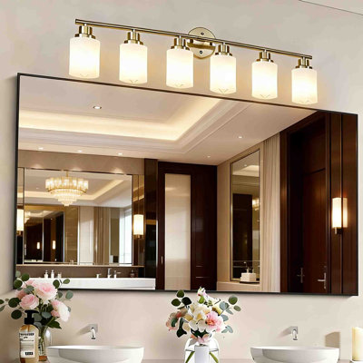 Applique murale 6 lumières pour meuble-lavabo, finition dorée 39 po avec abat-jour en verre givré pour la salle de bain (sans ampoules)