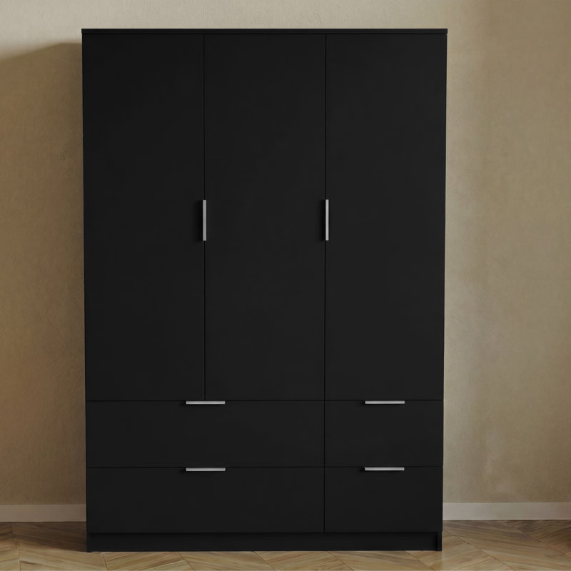 Modern 3 Door 4 Drawer Wardrobe with Hanging Space for Bedroom Storage & Organisation, Black