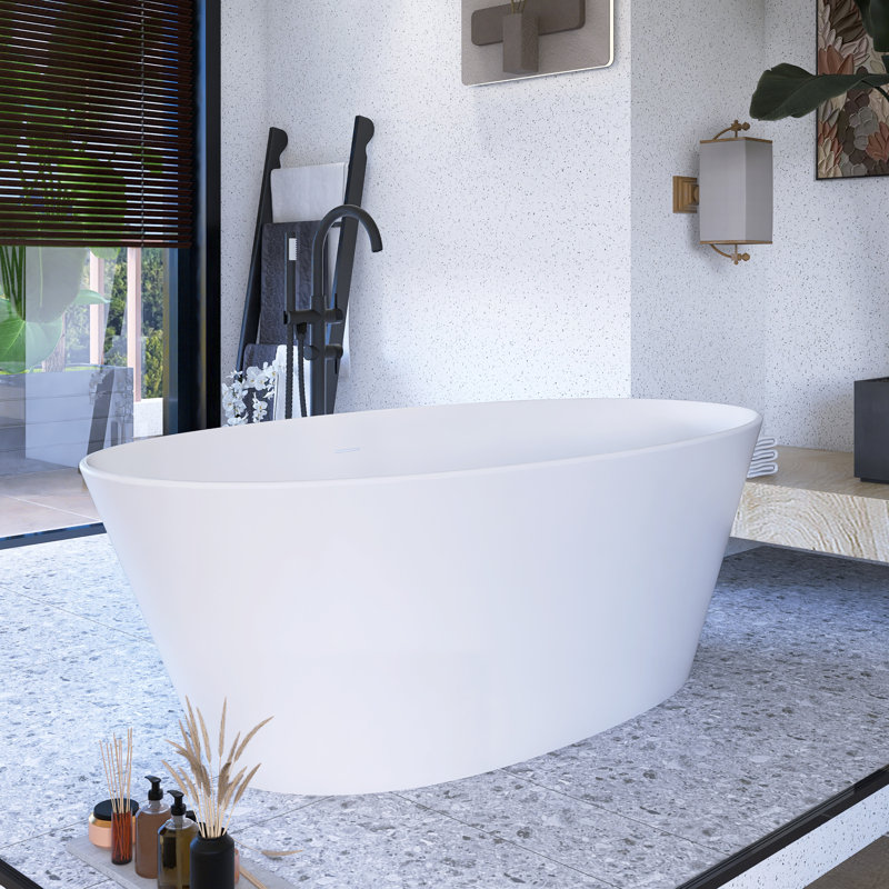 67" Solid Surface Freestanding Soaking Bathtub in Matte White