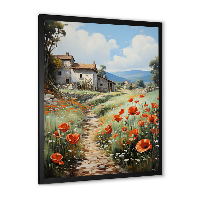 Poppy Field In Farm - Floral & Botanical Wall Art Living Room, H 20 po x l 12 po x P 1 po, Cadre photo noir
