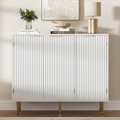 Fluted Buffet Sideboard With 3 Doors, Modern Accent Cabinet With Adjustable Shelves, Kitchen Storage With Golden Handles, Coffee Bar For Kitchen, Dining Room