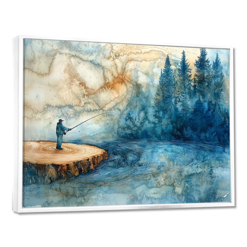 Gerrie, glissade sur bois, pêche dans la rivière d'hiver, H 34 po x l 44 po, Avec cadre, Blanc