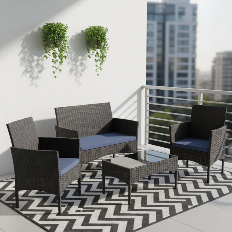 4-Person All-Weather Wicker Patio Conversation Set with Black Tempered Glass Table and Cushions, Navy