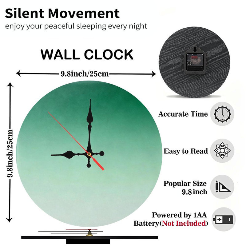 Horloge murale ronde en bois 10 po, mouvement à quartz silencieux, imprimé UV, à piles, Vert